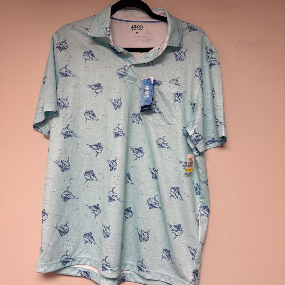 IZOD Saltwater Polo Men M Light‎ Blue NEW Sun Shield Marlin Print 46IZSHBODR443